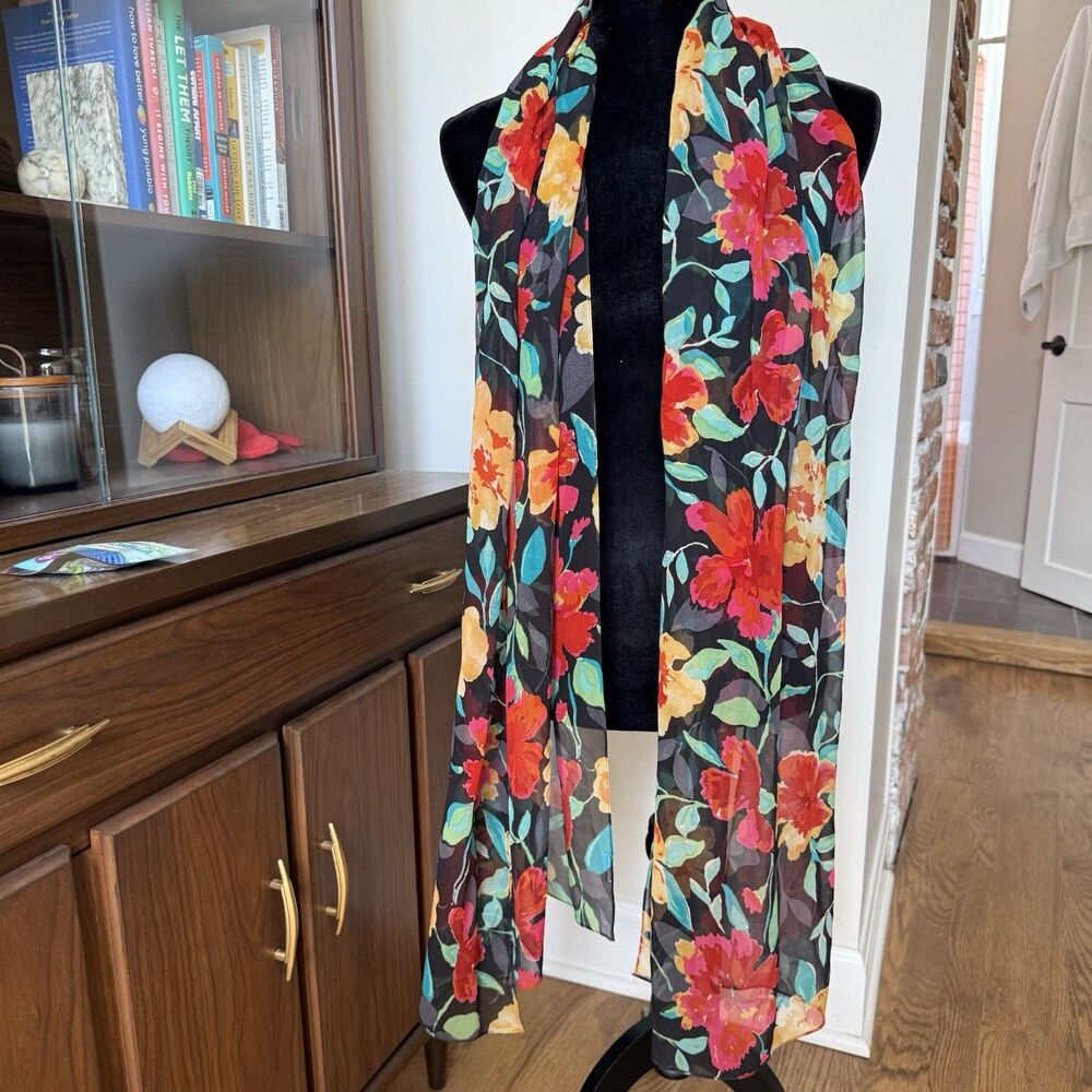 VTG 100% Silk Black Floral Scarf Sheer Shawl 78” x 21” Red, Orange, And Green